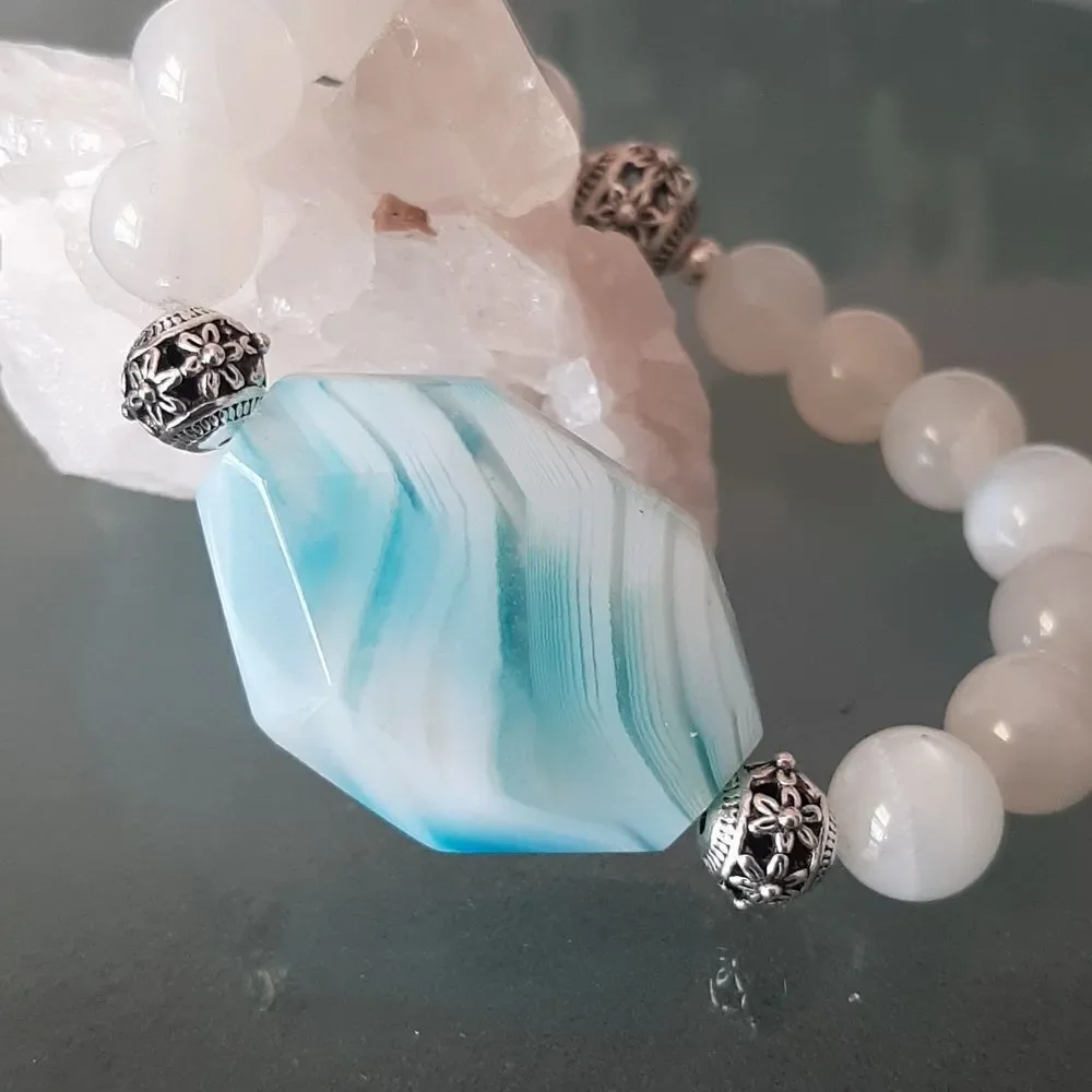 Luxury AAA Blue Botswana Agate & Moonstone Beaded Stretch Bracelet
